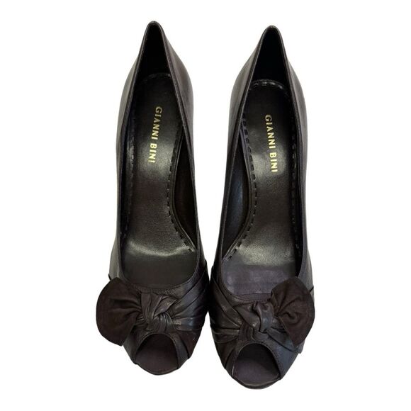 Gianni Bini Brown Leather Peep Toe Heels with Bow Detail - Women's Shoes - Picture 4 of 14